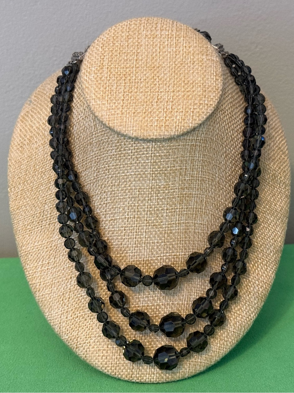 Vintage Three-Strand Black Faceted Bead Necklace